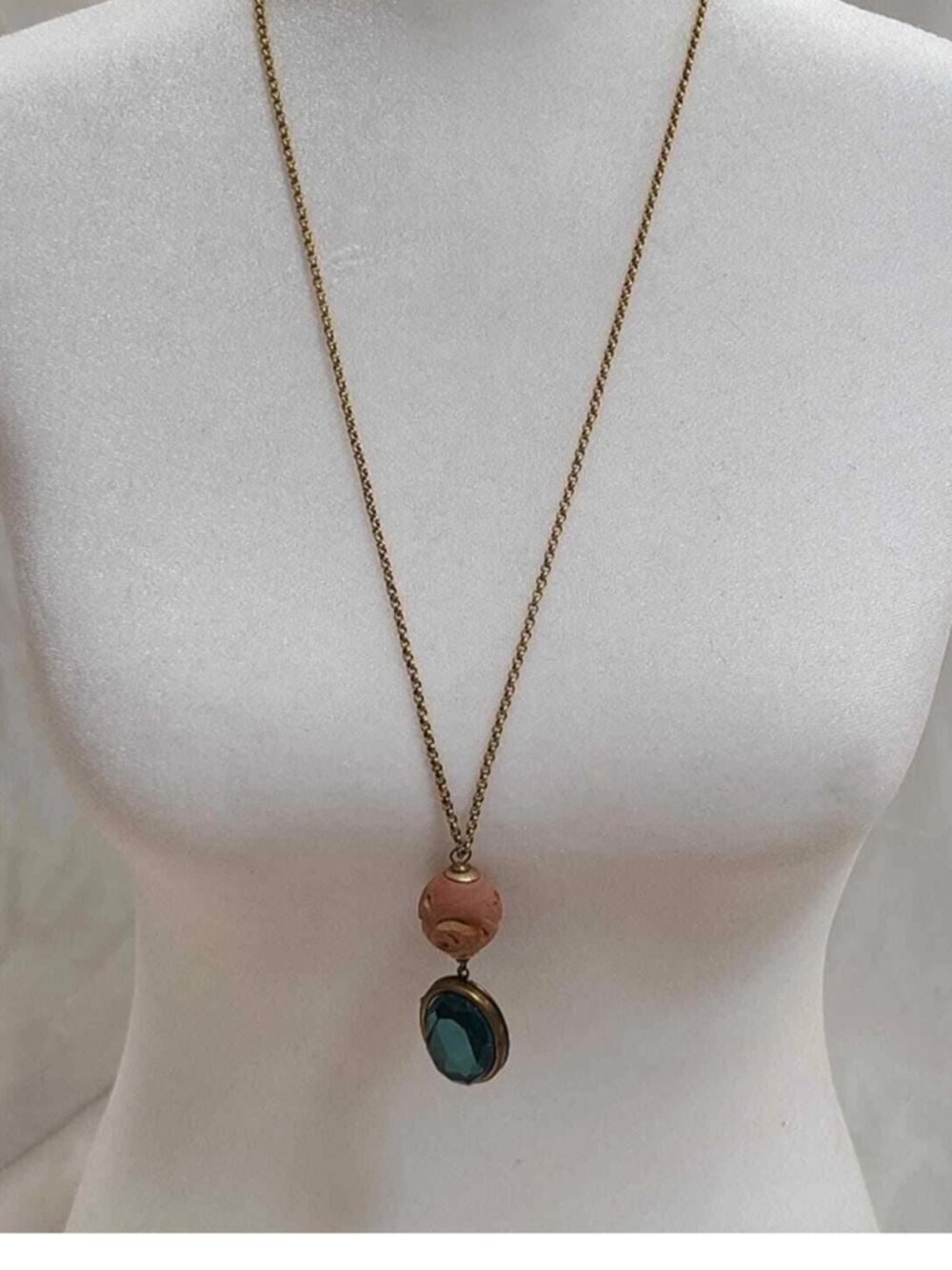 Lenora Dame Vintage Locket Necklace with Carved Wooden Bead